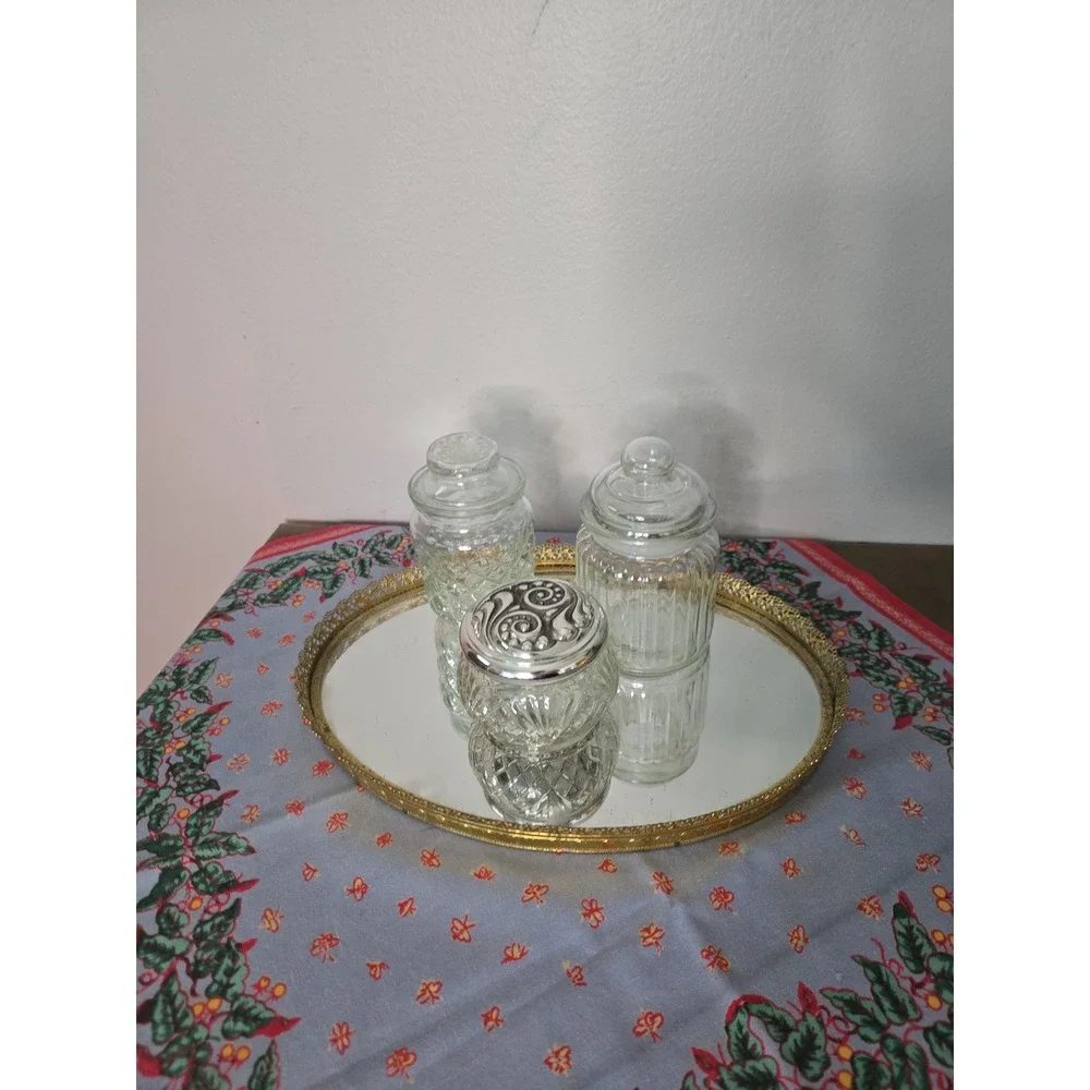 Vintage Clear Glass Vanity Jar Lot Lidded Apothecary Bathroom Canisters set of 3